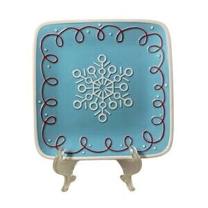 Hallmark Northpole Holiday Appetizer Plate Square Blue Snowflake Red Trim 7 3/8"